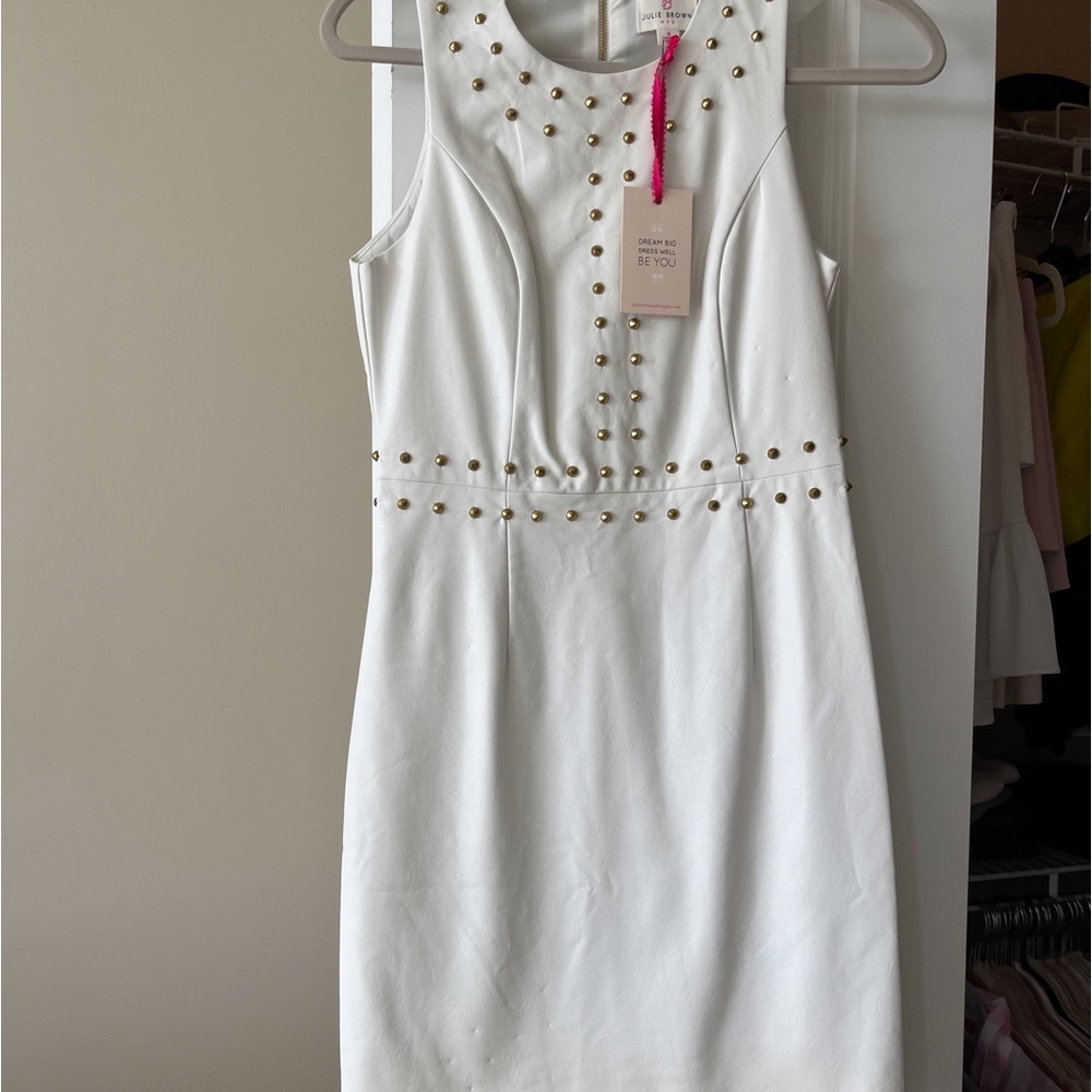 White Faux Leather Studded Mini Dress by Julie Brown. Size 0. NWT!